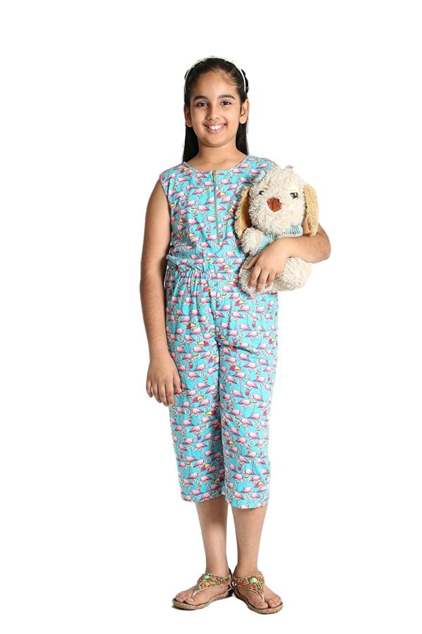 3/4 Length Turquoise Green Summer Jumpsuit for Girls